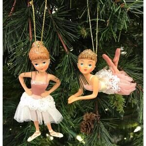 2 Girl Ballerinas Standing Laying Down Pose Pink Christmas Tree Ornaments 3-4 in